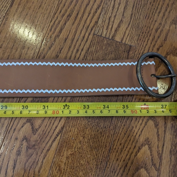 Sezane Alicia Leather Belt Natural Tan color with white Embroidery Size 80 - Picture 6 of 6